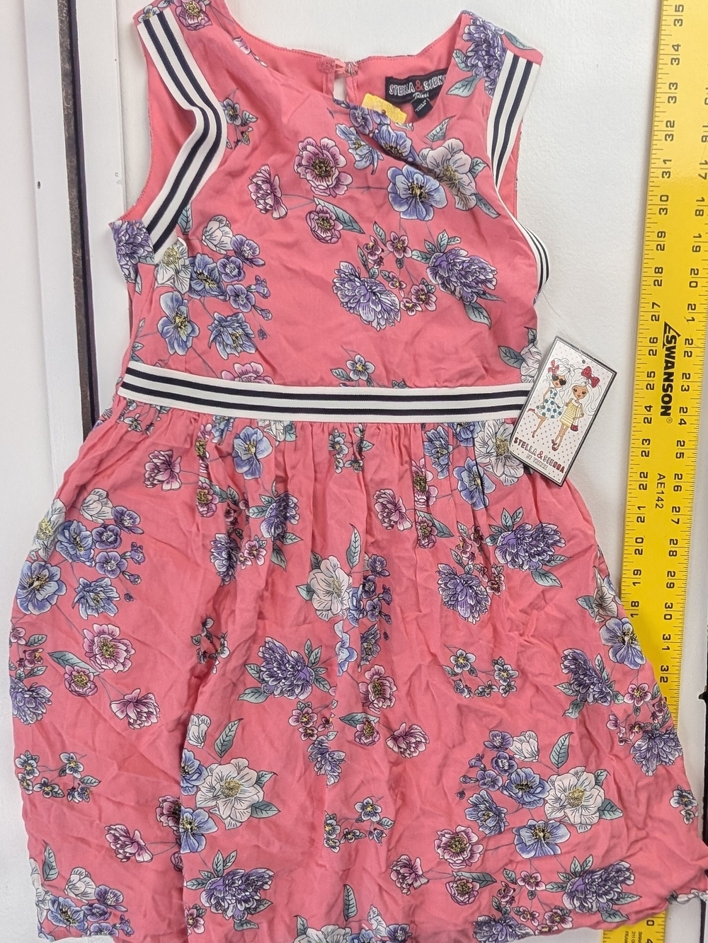 Trixxi Pink Floral Sleeveless Girls Dress with Striped Trim